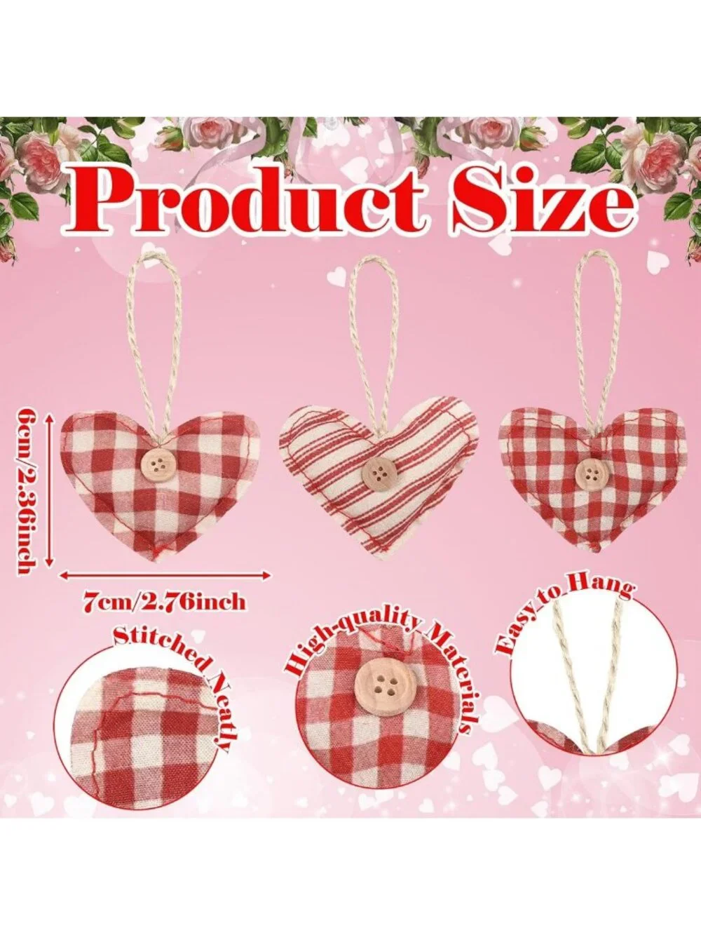 12 Pcs Vintage Heart Ornaments | Rustic Buffalo Plaid Hanging Decor for